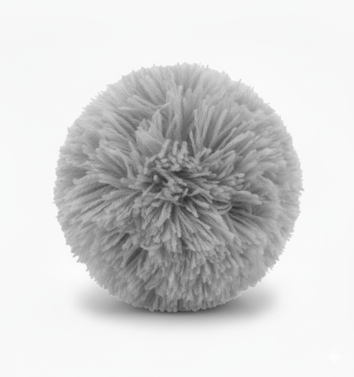 Szary pompon z włóczki o średnicy około 10 cm, ze sznurkiem do przymocowania.png
